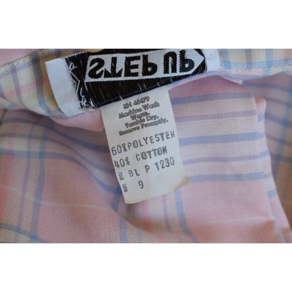 Vintage 80s Plaid Long Sleeves Poly/Cotton Pastel Button up Blouse - Picture 8 of 10